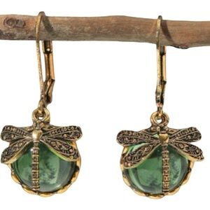 New Vintage Styled Dragonfly Crystal Pendant Earrings in Grass Green